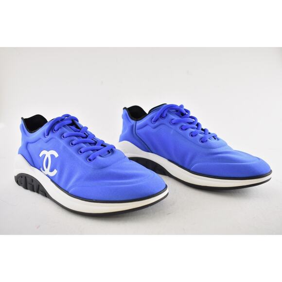 Chanel Men 19P Blue Lycra White Black CC Logo Lace Low Top Trainer Sneaker 44 11 - Picture 4 of 12
